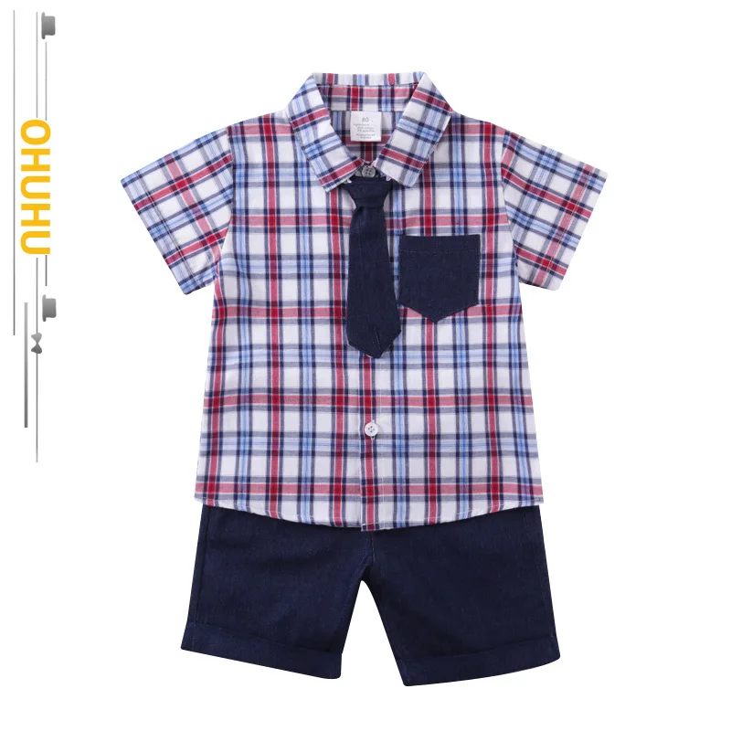 

2022 Summer New Baby Boy Gentleman Suit British Gentleman Plaid Two-piece Children's Clothing Set Short-sleeved Outfit 3320