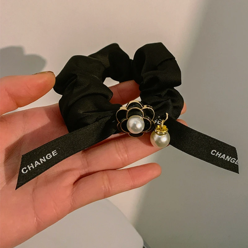 

High Quality Bow Camellia Flower Hair Tie Satin Small Intestine Rope Pearl Tie Rubber Band Girls Hair Accessories for Women