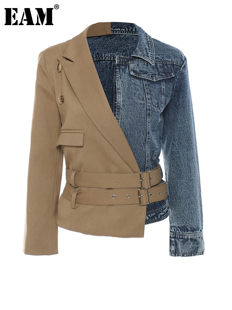[EAM] Loose Fit Khaki Denim Irregular Belted Jacket New Lapel Long Sleeve Women Coat Fashion Tide Spring Autumn 2022 1DE3933