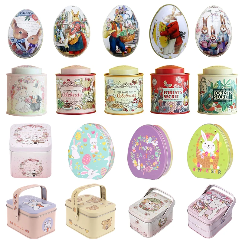 

1pc Easter Egg Tinplate Box Cartoon Rabbit Printed Fillable Metal Eggs Candy Chocolate Boxes Gift Bags Happy Easter Bunny Decor