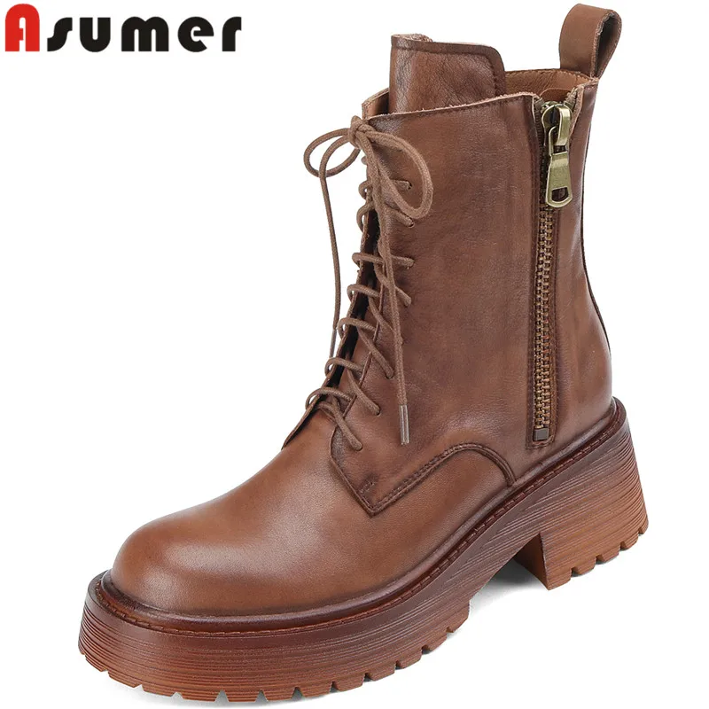 

ASUMER 2022 Size 34-41 New Winter Autumn Ladies Ankle Boots Genuine Leather Zipper Boots Woman Thick High Heels Shoes