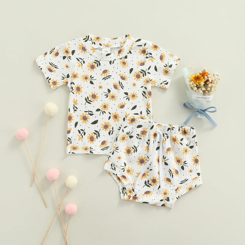 

2Pcs Summer Infant Baby Outfits Clothes Set Rib Knit Cotton Short Sleeve Sunflower Print T-Shirt+Shorts Girls Boys Clothing Suit