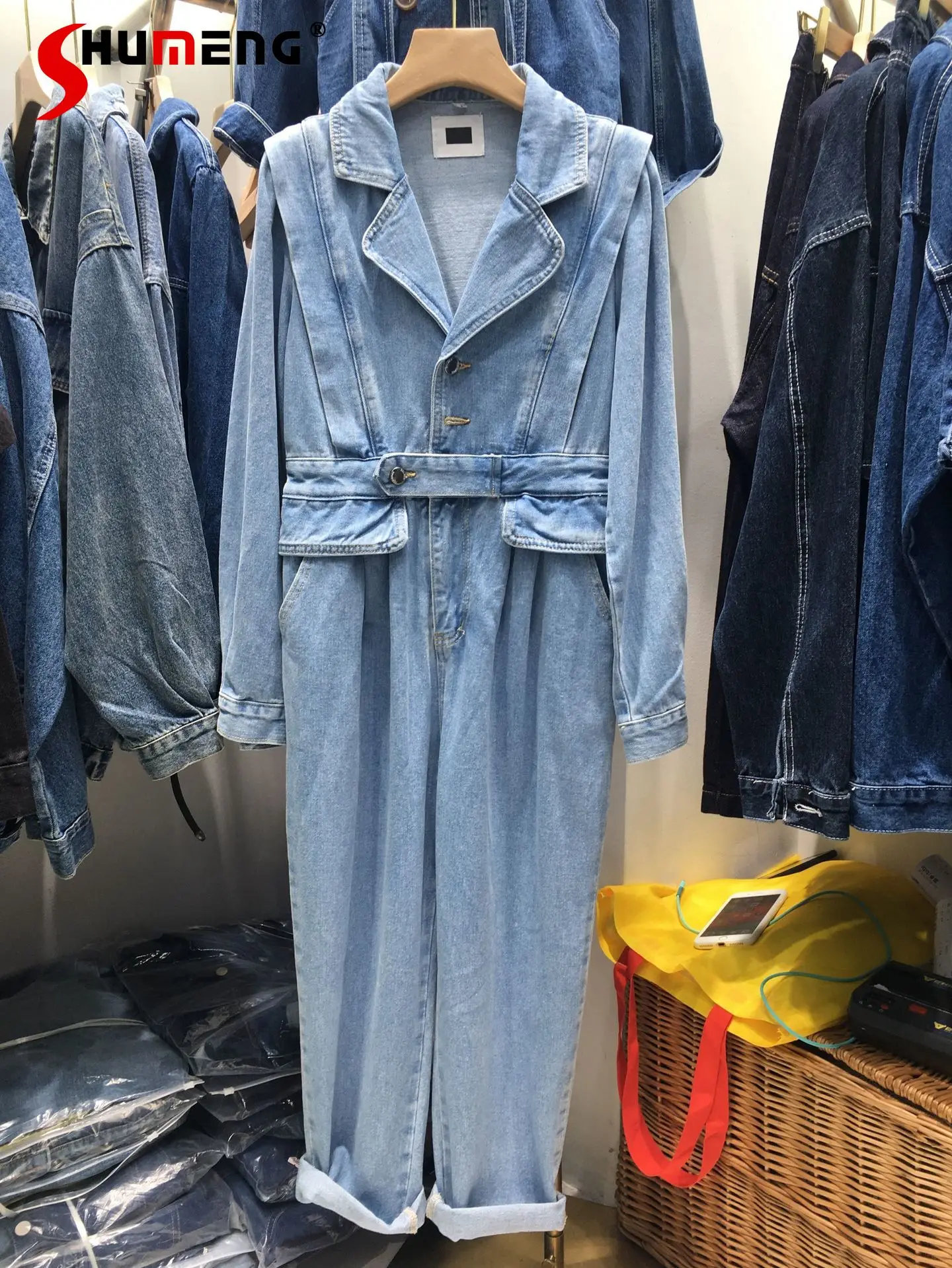 Elegant Long Sleeve Denim Jumpsuit Women's 2022 Spring New Casual Wide Leg Jumpsuits Tight Waist Straight Overalls for Women