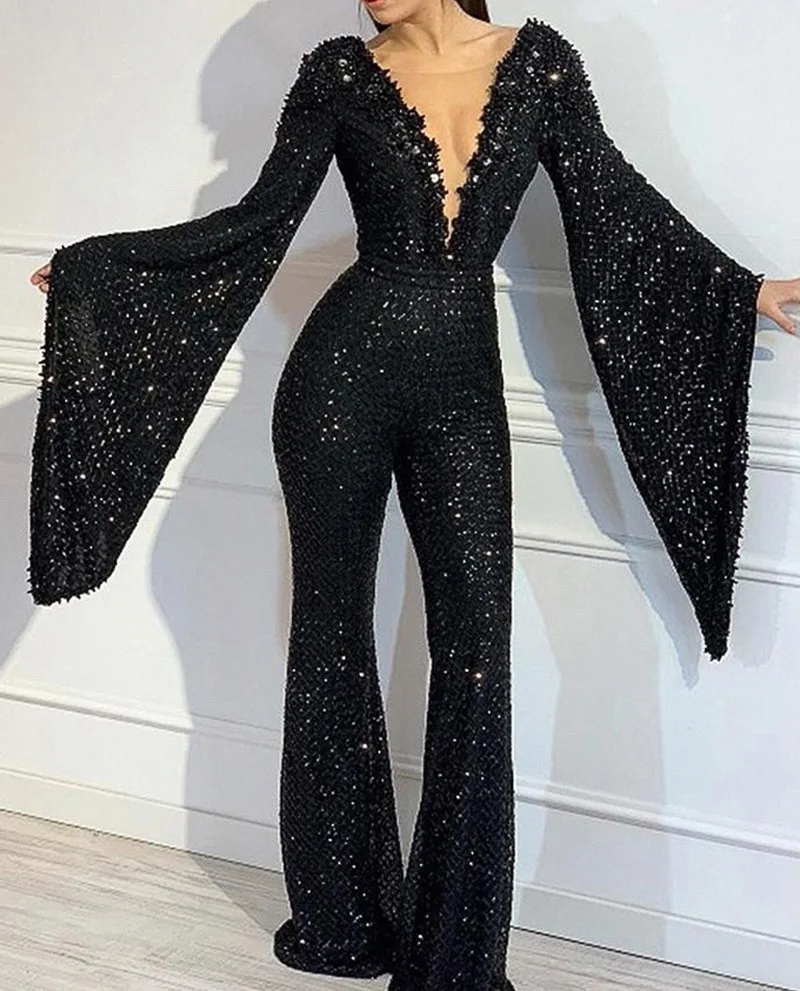 2022 Famous Elegant Design Jumpsuits Solid Sparkly Sequins V-neck Long Sleeve Sexy Bodycon Rompers