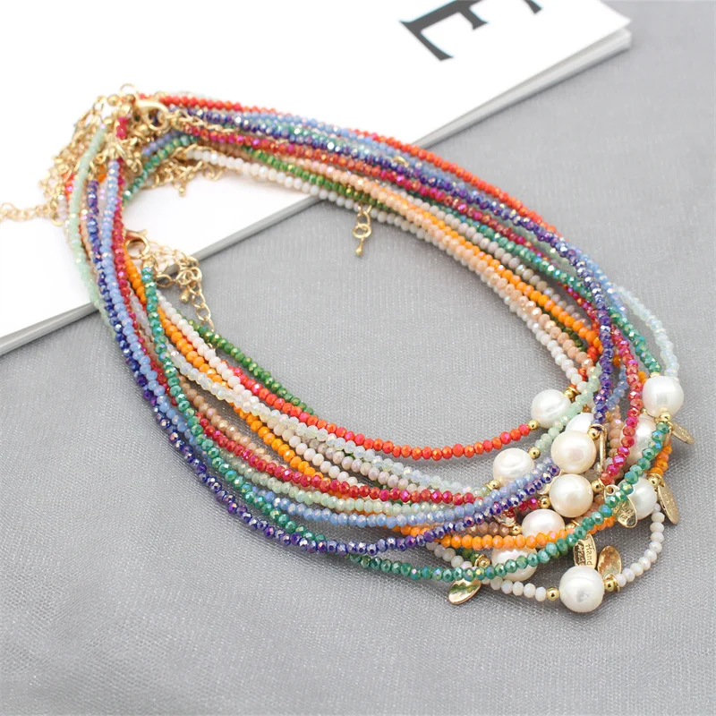 

Natürliche Frische Wasser Barocke Perle Halskette Mode Shiny Kristall Glas Perlen Boho Bunte Halsband Anhänger Kragen Weibliche