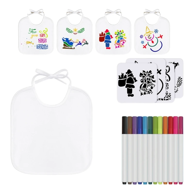 

67JC DIY Baby Bibs Set Colored Painting Kit Includes 10 Bibs, 12 Textile Markers and 4 Stencils Templates for Boys and Girls