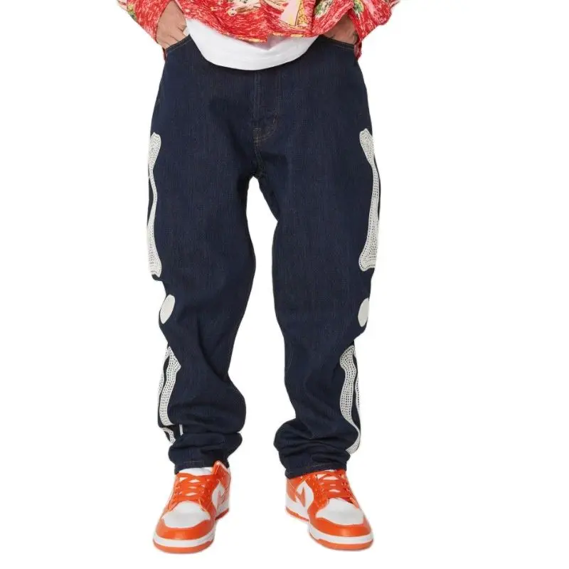 Men's autumn and winter new fashion brand street retro washed dark blue jeans bone embroidery pants straight trousers