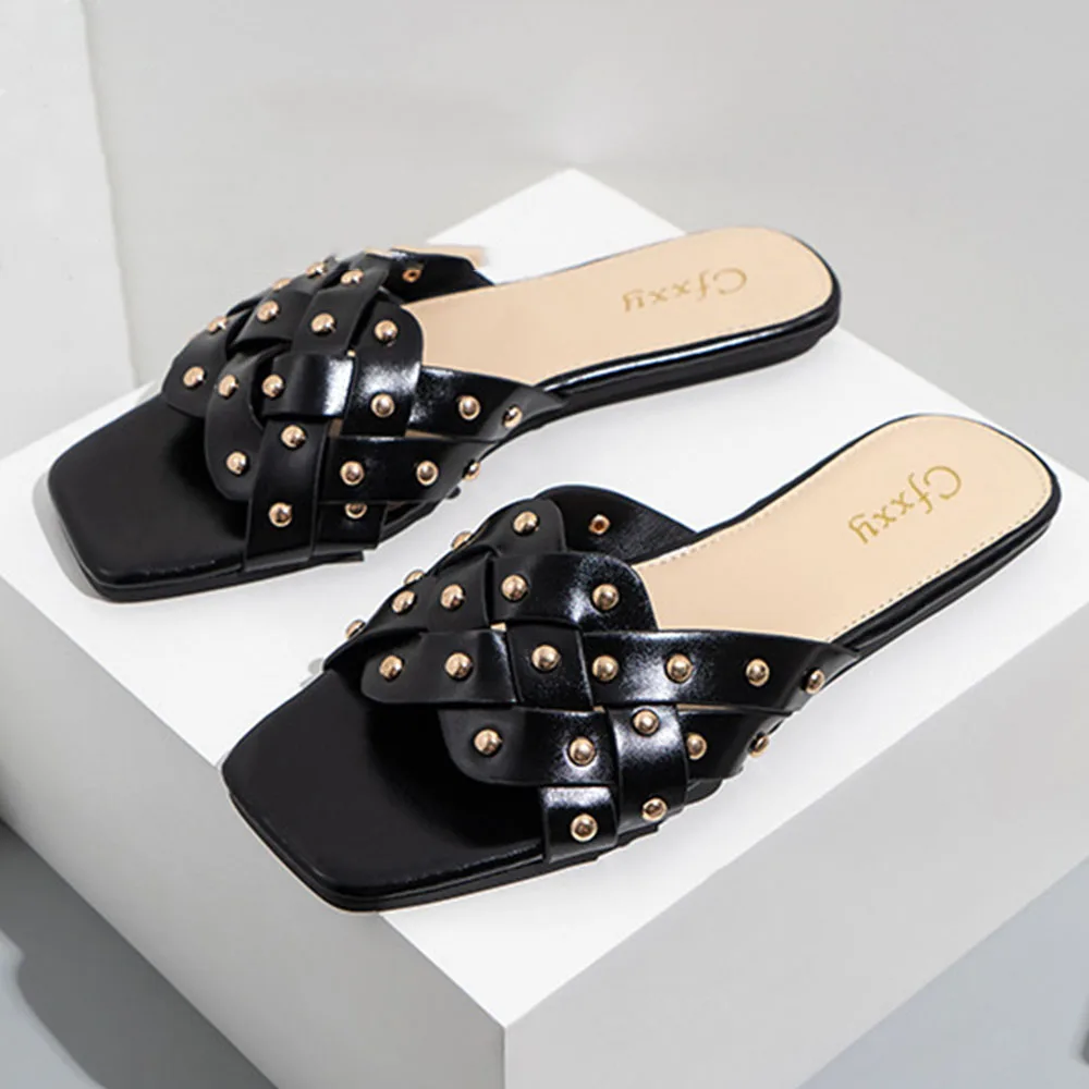 

Fashion Korean version of rivets hollow woven flat bottom women's slippers all-match flats large size open toe cool