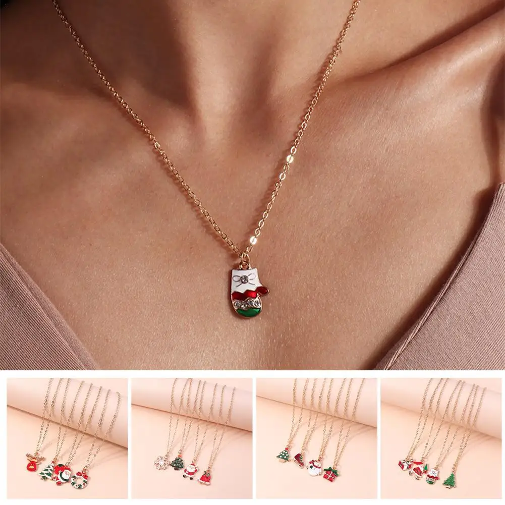 

4pcs Fashion Christmas Necklace Sets Cute Santa Claus Snowflake Xmas Tree Necklace Pendants For Women Girls irJewelry Gifts