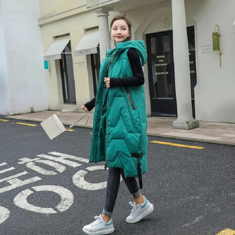

Winter Long Vest Women's Solid Hooded Pockets Zipper Padded Ladies Casual Sleeveless Jacket Warm Quilted Vest for Female
