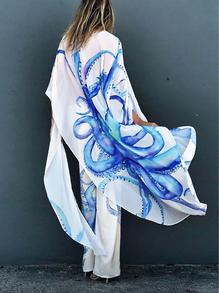 New Cover-up Boho Style Print Chiffon Tunic Sexy Bathing Suit Cover-ups Loose Beachwear Kimono Dress Women Swimsuit Cover Up