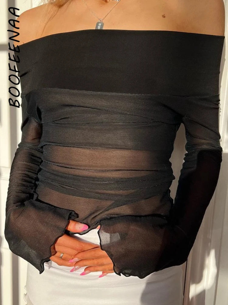 

BOOFEENAA Sexy Off Shoulder Cropped T Shirts for Women Aesthetic Y2k Clothes Black Sheer Mesh Long Sleeve Tops C85-BC13