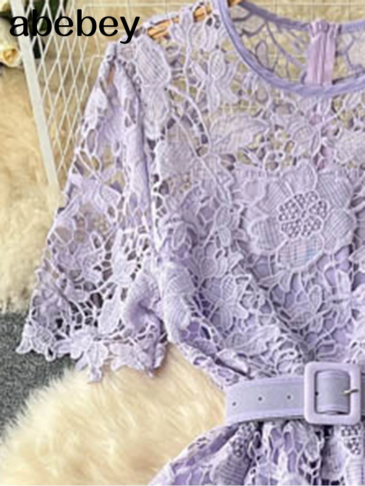Элегантное вязаное кружево женское платье с круглым вырезом ажурное Фиолетовое