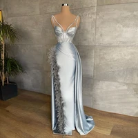 gorgeous elegant mermaid satin prom dresses v neck feathers split crystals women long formal evening pageant gowns custom made