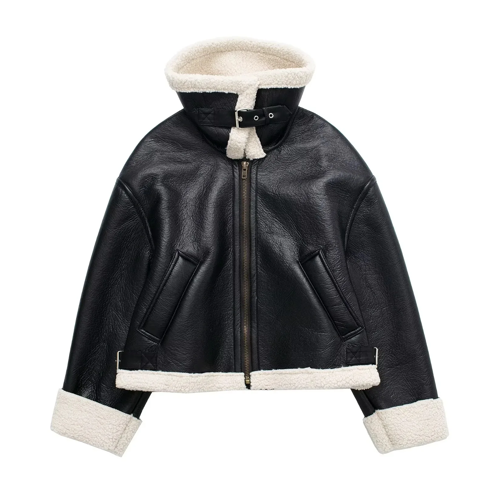 Fashion Women's Streetwear Fur Collar Short Coats Warm Lapel Lambswool Thick Chic Tops 2022 Winter Autumn Sheepskin Outwear Coat