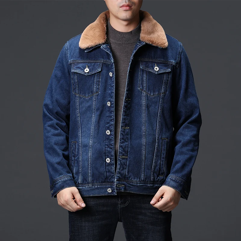 

Осень/Зима 2021 Новинка флисовая джинсовая куртка кожаный воротник и Флисовая теплая куртка модная повседневная приталенная джинсовая мужск...