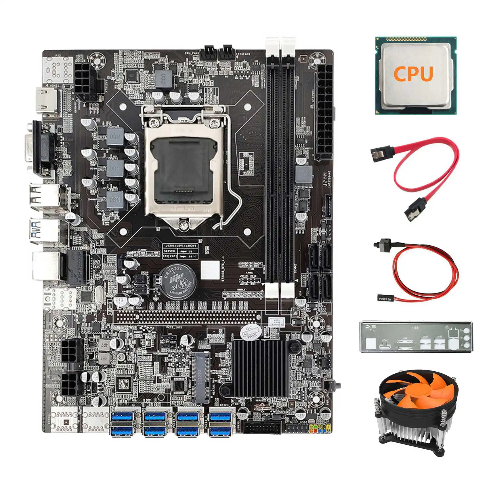 B75 8USB ETH Mining Motherboard+CPU+Baffle+Fan+SATA Cable+Switch Cable LGA1155 B75 USB BTC Miner Motherboard