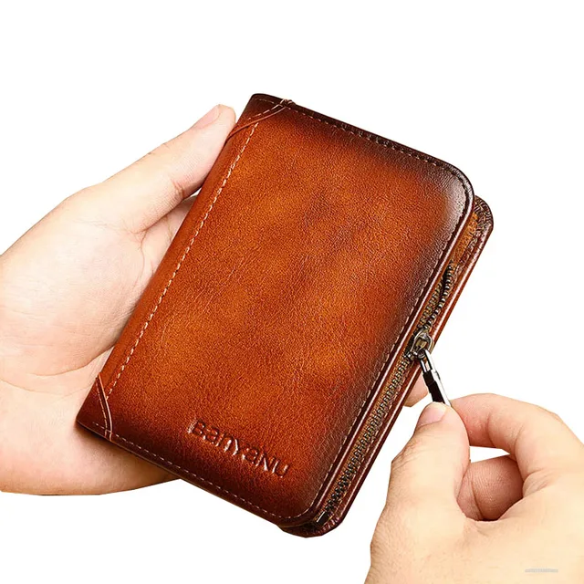 Classic Vintage Genuine Leather Wallets for Men Women RFID Blocking Bank Credit Card Holder Zipper Wallet Men's Purse 1