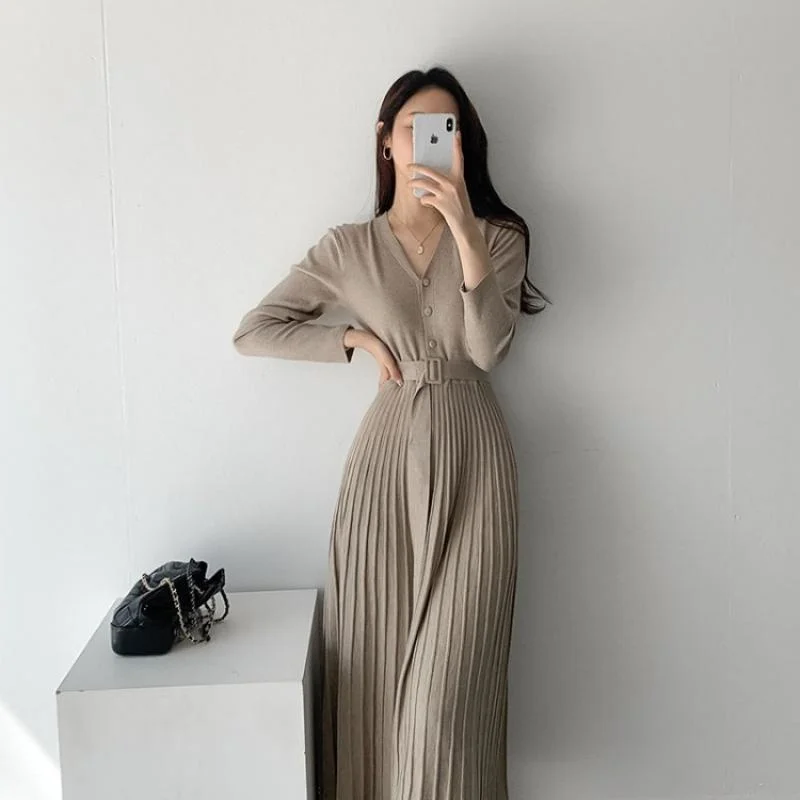 

Women Sweater Dress 2022 Thicken Winter Knitted dress Belted female's Elegant V-neck robe Single-breasted A-line woman clothes