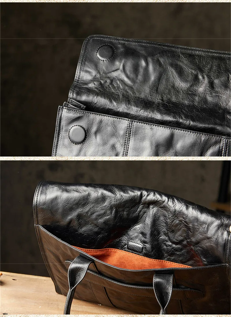 Vintage Fashion Designer Natural genuine Leather Men Black Pleated handmade Handbag Teen Office 14 Inch Laptop lawyer Briefcase