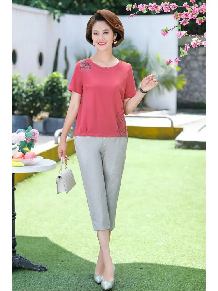 

Летний женский комплект из 2 предметов для женщин среднего возраста розового и синего цвета, верх и брюки, костюмы из хлопка и льна, Воздухоп...