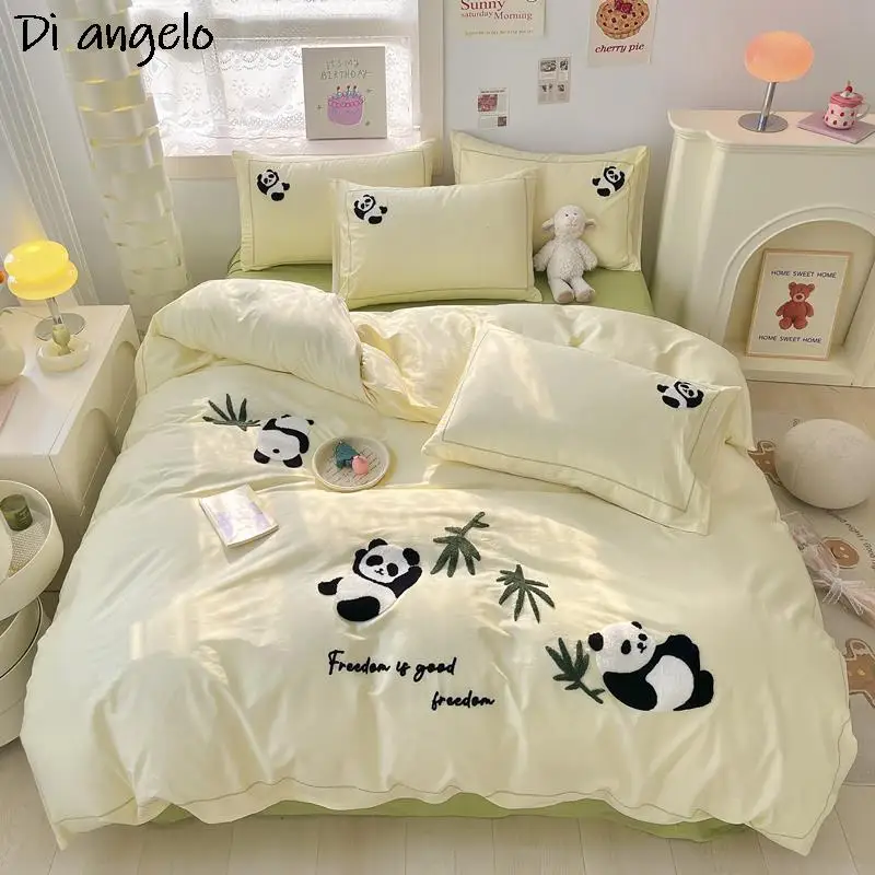 

Комплект постельного белья с вышивкой, роскошный хлопковый комплект постельного белья в китайском стиле с пандой, размеры Queen/King, пододеяльник, простыня, простыня, #/L