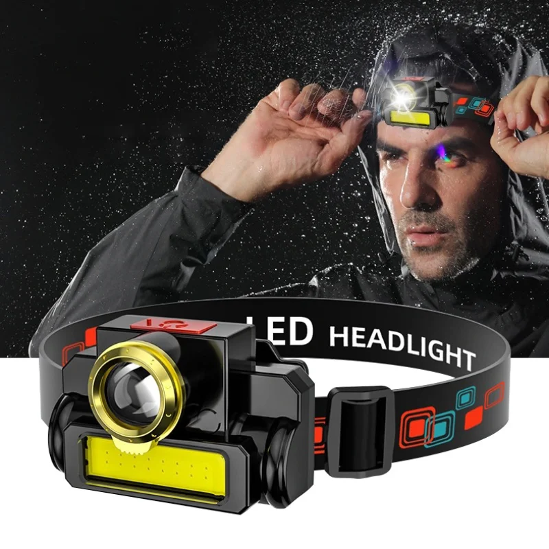 

New Outdoor Camping Fishing Ultra Powerful LED Headlamp with USB Rechargeable COB Floodlight Headlamp with Battery Flashlight