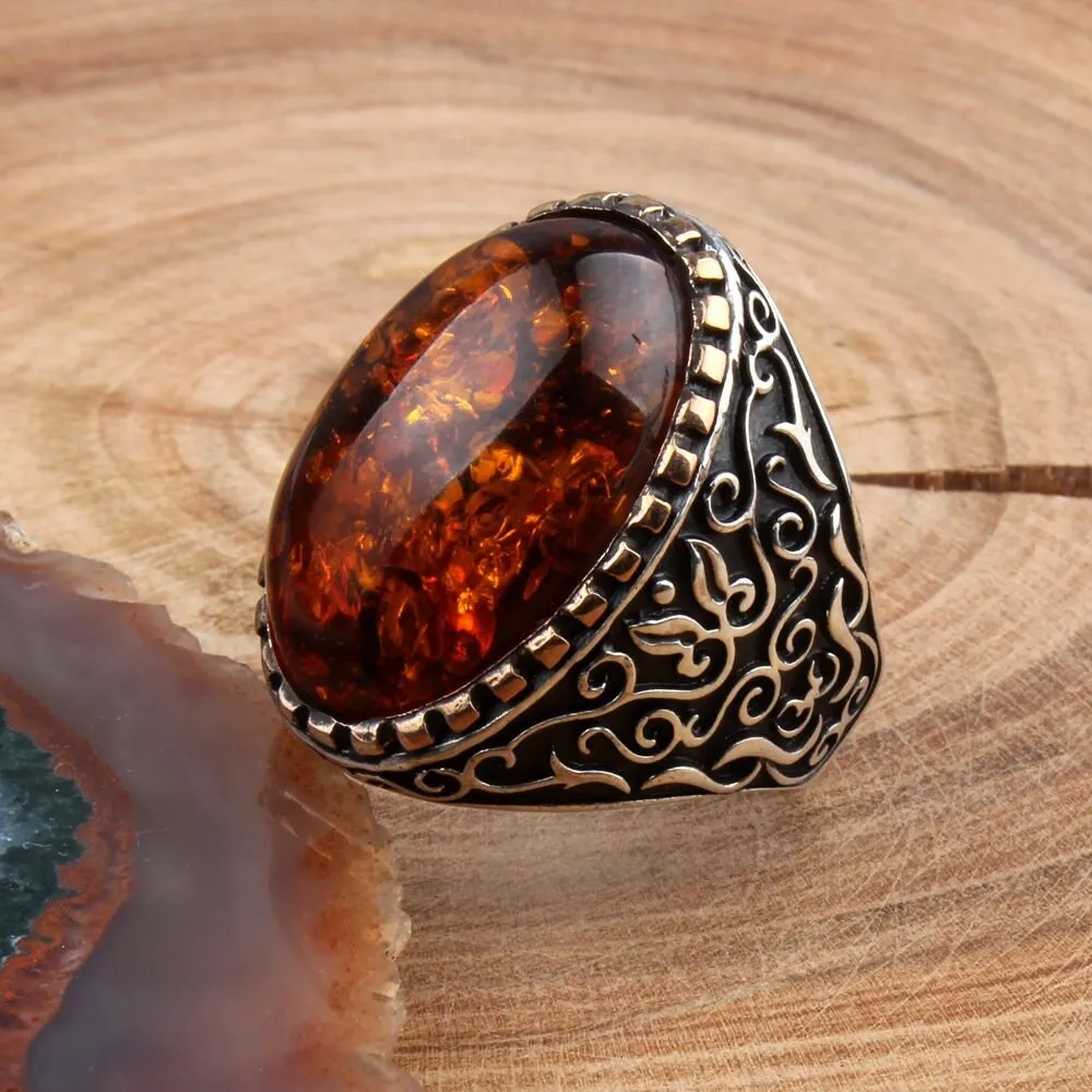 

Sterling Silver Ottoman Silver,,Handmade Man Ring (Amber) 925k Made in Turkey Outstanding Gift