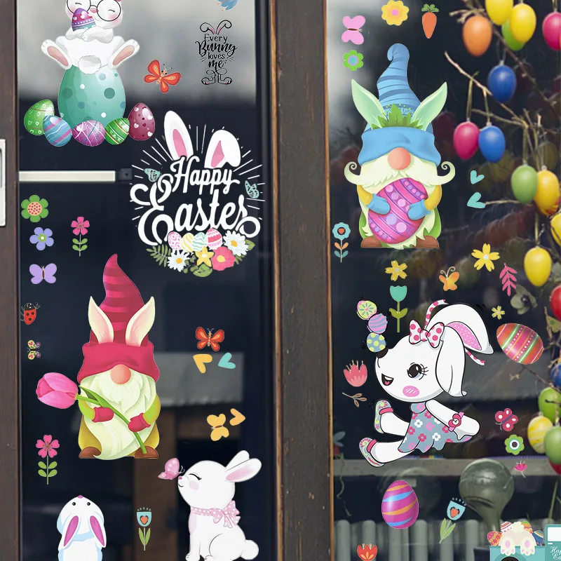 

9pcs/set Easter Window Electrostatic Stickers Glass Decal Happy Easter Decoration for Home Cartoon Rabbit Egg Bunny Wall Sticker