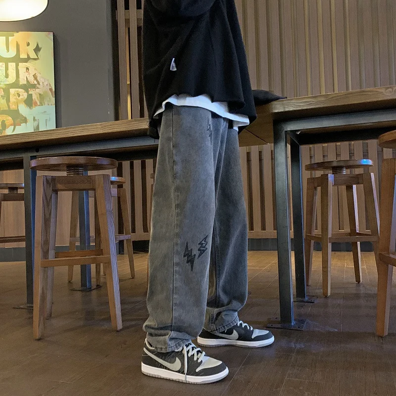 DEEPTOWN Embroidered Loose Jeans Men Straight Casual Denim Pants Gray Trousers Male Streetwear Vintage Hip Hop Korean Fashion