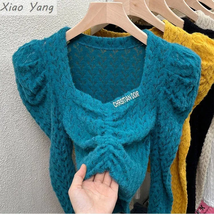 

Ground Hair Lace long-sleeved undershirt with autumn winter new fashion fashion small shirt French square collar slim jacket