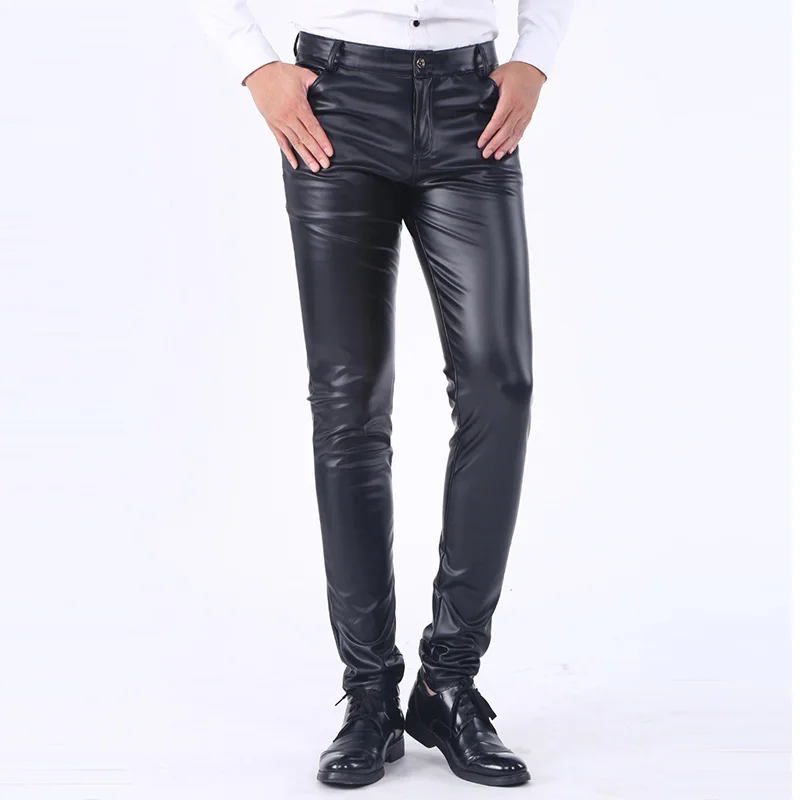 Men's Leather Pants Spring Autumn Slim Fit Elastic Style Male Fashion PU Leather Trousers Moto Pants Solid Color Casual Bottoms