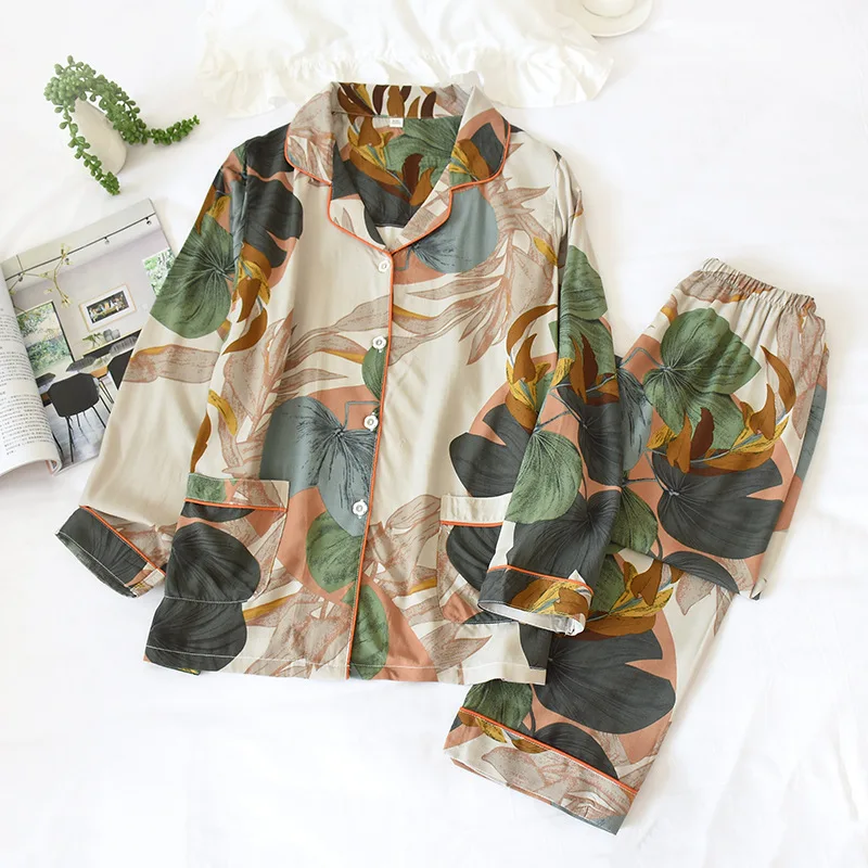 Women Cotton Silk Pajamas Set Spring Summer Long Sleeve Sleep Top Thin Nightgown Leisure Tracksuit Two Piece Set Korean Fashion
