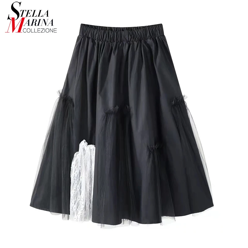 

New Solid Black White A-Line Elastic Waist Woman Spring Casual Skirt With Lace Mesh Joined Girls Vacation Streetear Skirt MK238