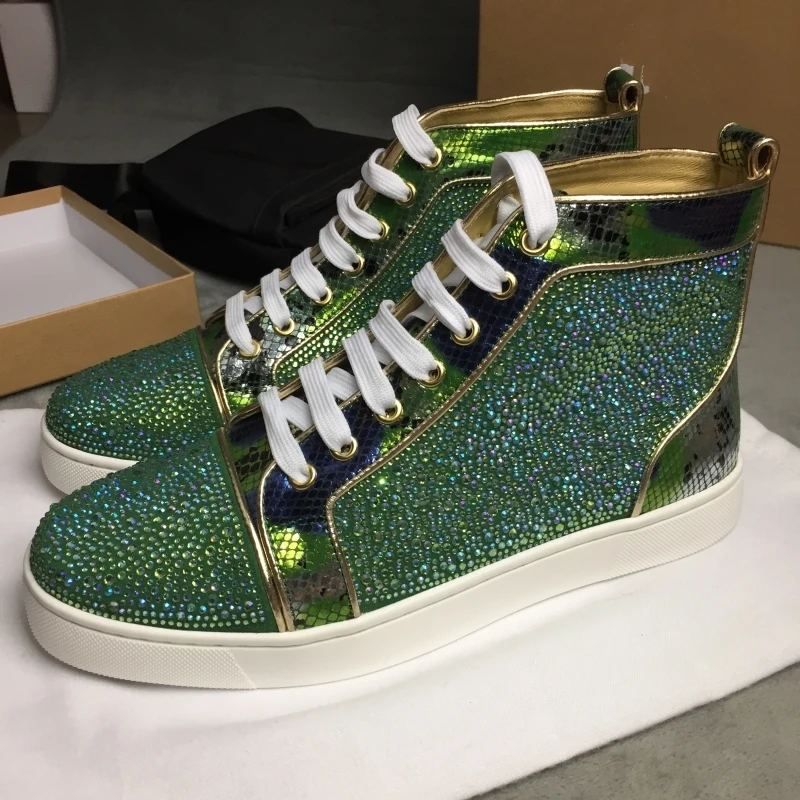 

Green Genuine Leather Luxury Sneakers High Top Rhinestone Mens Shoes Brand Flats Casual Shoes For Men With Free Shipping