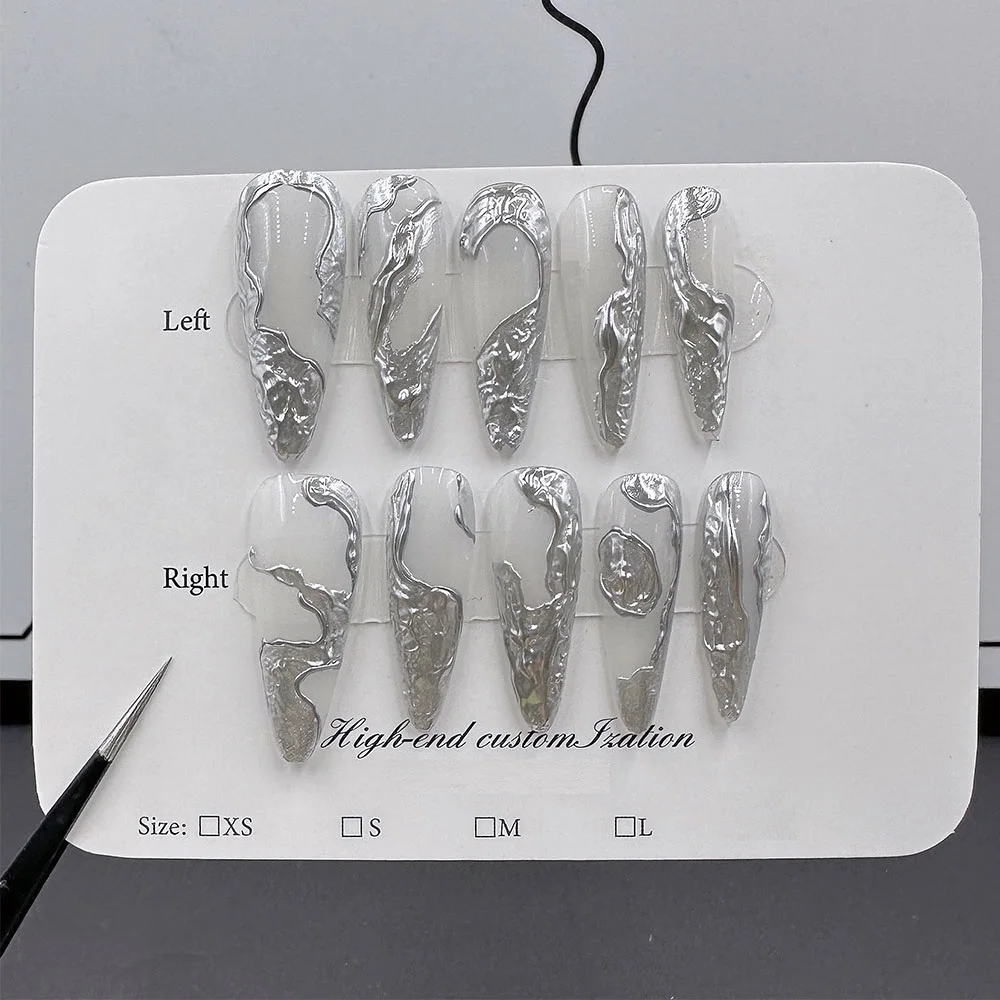 

MAGO Handmade Press on Full Cover Professional Nails Irregular 3D metal hot girl long reusable finished fake nails