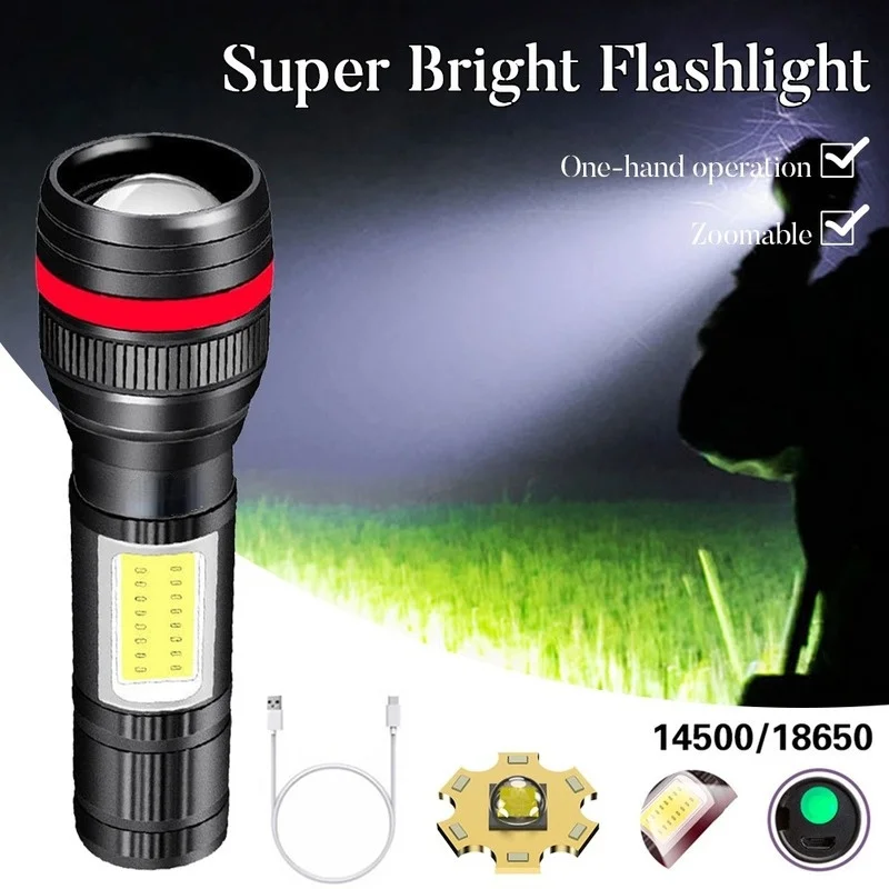 

Powerful Flashlight USB Rechargeable ZOOM T6+COB LED Flashlighs Work Lamp Torch with18650 Battery Fishing Outdoor Lighting