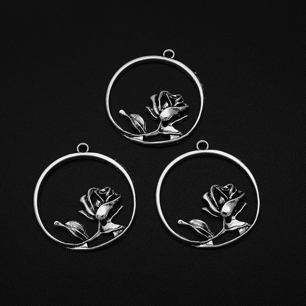 

20PCS/Lots 32x35mm Antique Silver Plated Rose Flower Leaf Charms Hollow Round Pendant For Diy Hqd Bulk Wholesale Jewelry Making