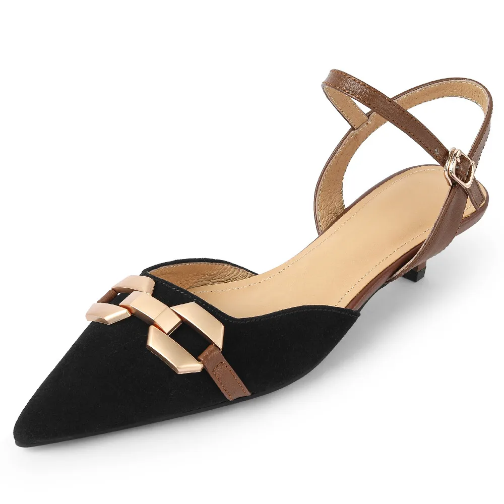 

Босоножки женские на низком каблуке, элегантные Лоскутные сандалии из натуральной замши, воловьей кожи, заостренный носок, туфли-лодочки с ремешком на щиколотке и каблуком с котятами