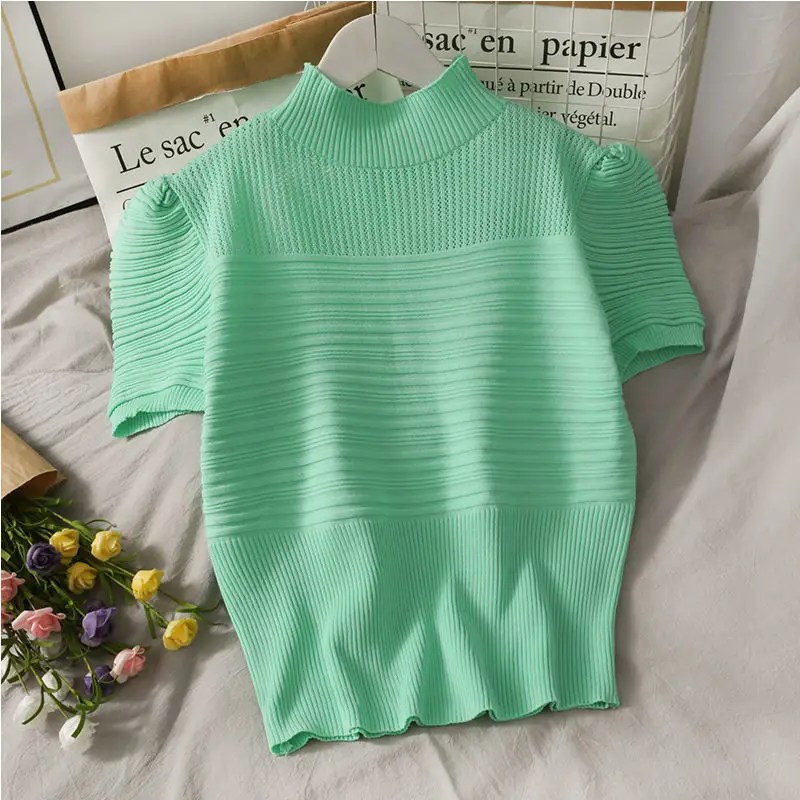 Puff sleeve slim short-sleeved t-shirt women's spring new half turtleneck shirt  tshirt women  Polyester  Casual  Summer  Tees