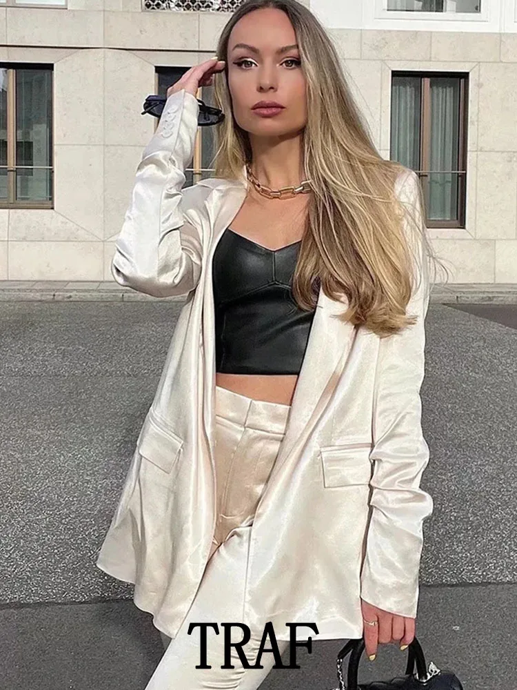 

Костюм TRAF ZA & ree Женский, модный Повседневный Шелковый Блейзер и брюки, женские комплекты из 2 предметов, 2022