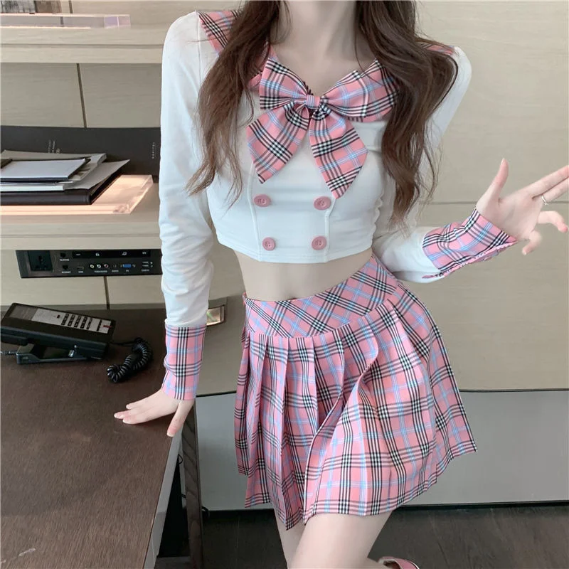 

JK Cosplay Costumes College Bow Tie Collar Shirt Top High Waist Pleated Plaid Skirt Women's Spring Summer Two Piece Set ZGR5