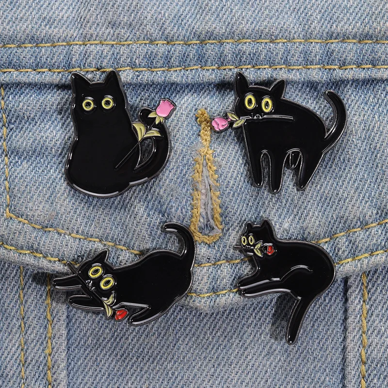

Black Cat Series Enamel Lapel Pin Bite The Rose Brooch Badges Cartoon Creative Alloy Drop Oil Enamel Brooch Wholesale