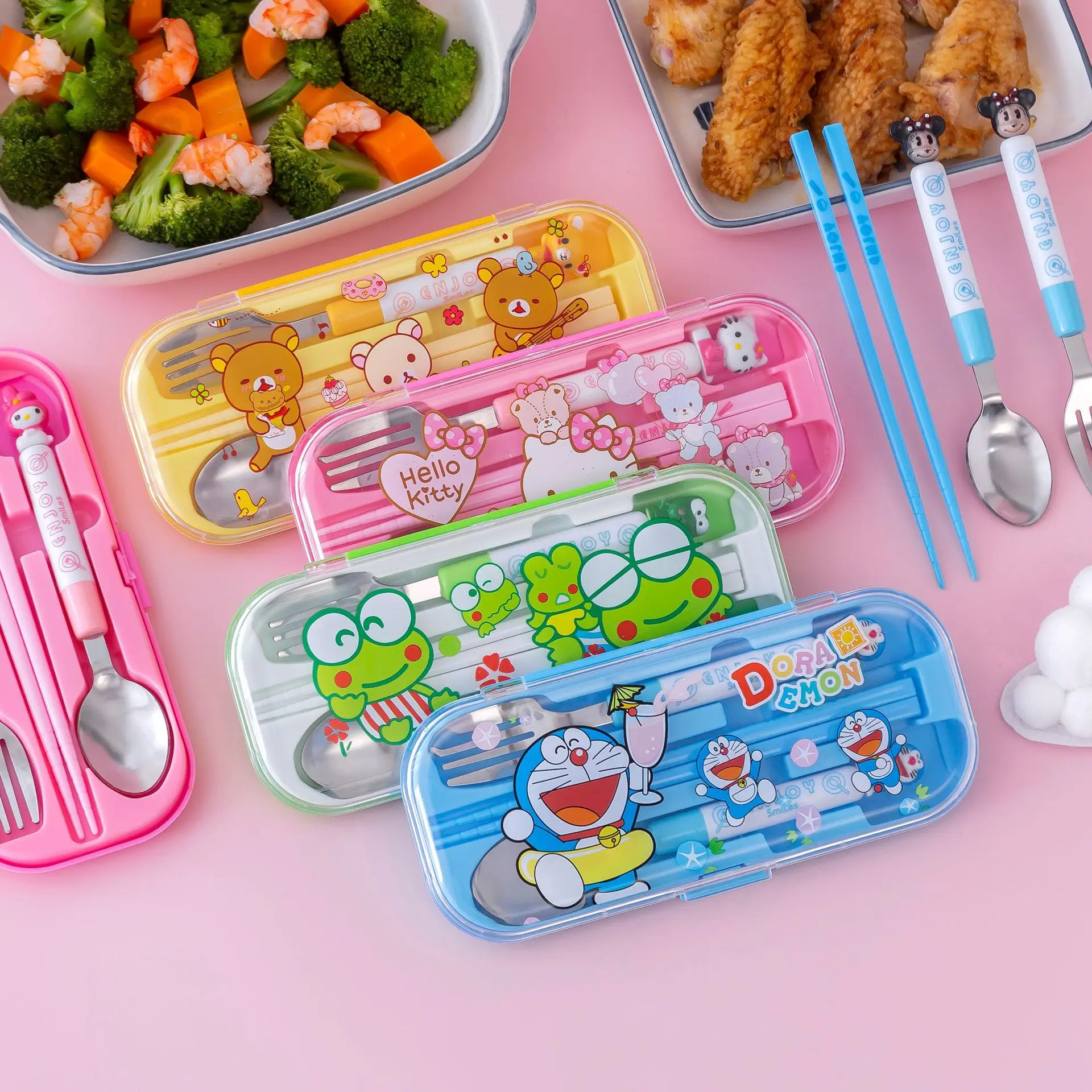 Kawaii Anime Cartoon Student Round Handle Stereo Cutlery Set Spoon Fork Chopsticks My Melody Cinnamoroll Cutlery Children's Gift