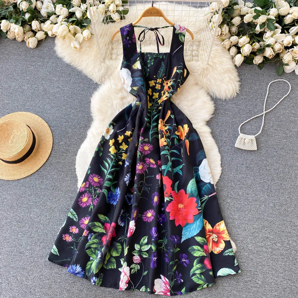 

Collar Sleeveless Print Clothes Mid-calf Bodycon Chic Vestidos French Square Floral Dress Dresses Rainbow Empire Jurk A-LINE