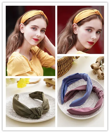 

2022 Women Fashion Summer New Solid Color Silk Knotted Fabric Headband Women's Pure Handmade Wide Headband Hair Accessories