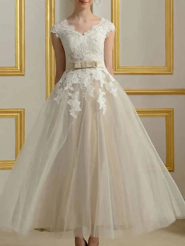 

Элегантное короткое свадебное платье А-силуэта, с V-образным вырезом, длиной ниже колена, кружевное Тюлевое винтажное платье 1920-х с бантом (s)