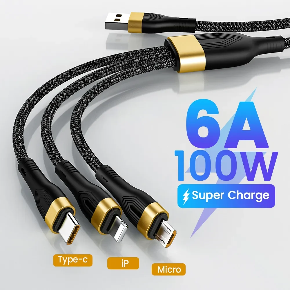 

100W 3in1 Fast Charge USB Cable for iPhone USB To Micro/Type C/8pin Kable Charging Cable Cord For Huawei Honor Samsung Xiaomi
