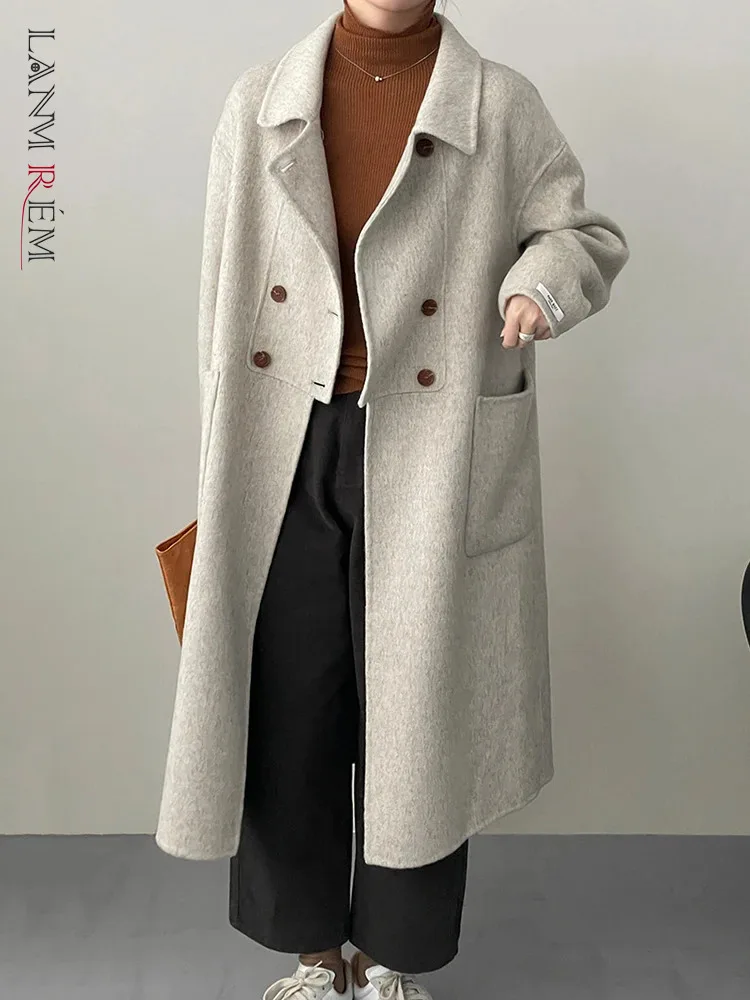 

[LANMREM] Minimalism Wool Coats For Women Lapel Double Breasted Long Sleeve Thick Warm Outwear Female 2023 Winter New 26D6861