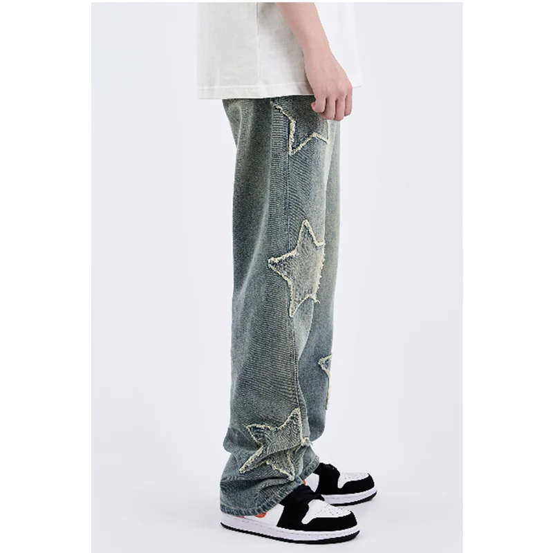 Men's Wear New Pattern Recreational Hip Hop Five Pointed Star Patch Embroidery Comfortable Loose Temperament Jeans Autumn Female